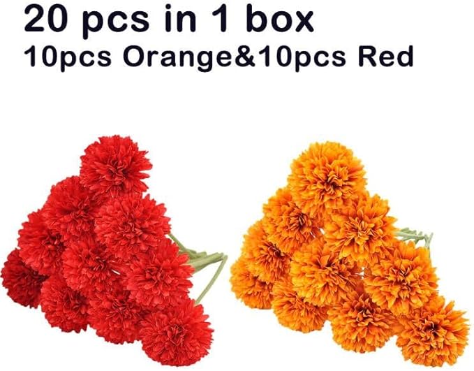 20Pcs Artificial Fake Flower Plants Silk Chrysanthemum Ball Hydrangea Arrangements Wedding Bouquets Decor Home Kitchen Garden Party Table Floral Centerpieces DIY (Red&Orange)