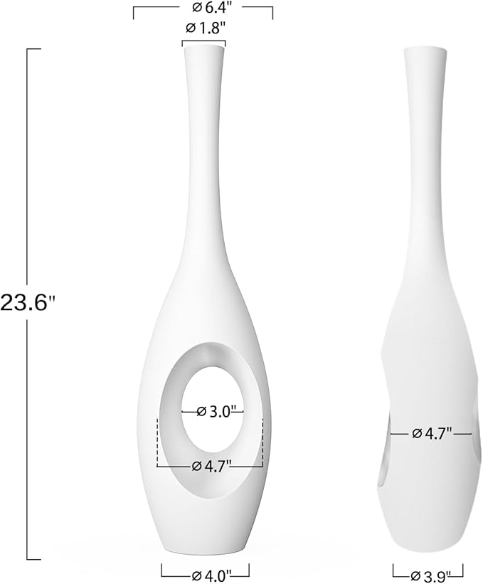 23.6" White Tall Floor Vase – Donut-Shaped Oval Body with Slim 3cm Neck, Modern Tall Decorative Vases for Living Room, Entryway, Office Decor – Resin Floor Vase