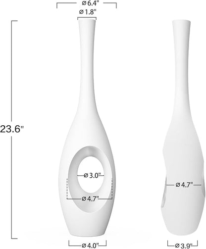 23.6" White Tall Floor Vase – Donut-Shaped Oval Body with Slim 3cm Neck, Modern Tall Decorative Vases for Living Room, Entryway, Office Decor – Resin Floor Vase