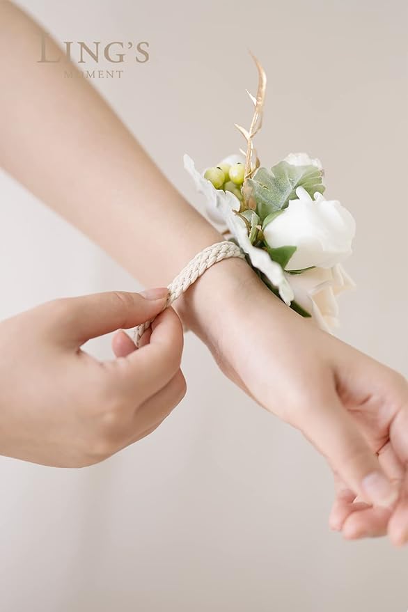 Ling's moment 6pcs Wedding Wrist Corsage Artificial Flowers, Girl/Mother Homecoming Prom Corsages Wristlet Décor, etc. White Ivory