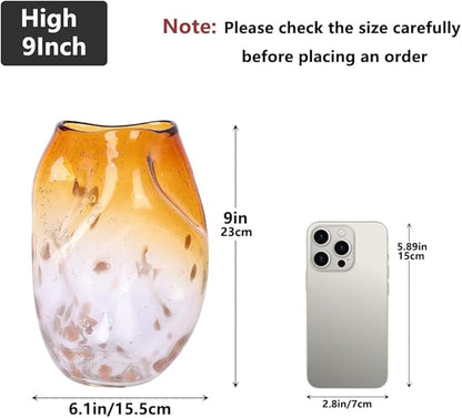 Amber Glass Vase – 9in Handmade Decorative Vase for Flowers, Modern Brown Gradient Glass Vase for Home Decor, Living Room Centerpiece, Dining Table, Entryway or Wedding Decoration