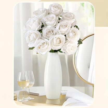 Artificial Roses 12PCS Velvet Rose Real Touch Flowers for Floral Arrangement Bridal Wedding Centerpieces Home Party Decor (White)