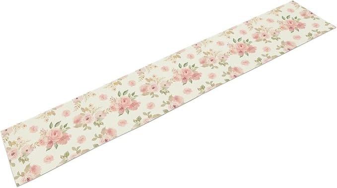 Vintage Rose Table Runner, Watercolor Romantic Pink Floral Blossoms Table Runner for Kitchen Dining Holiday Party Home Decor, 13x108 Inch