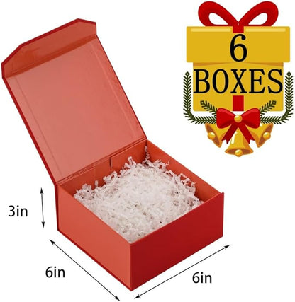 6 Pcs Small Red Gift Box 6x6x3 Inch Magnetic Box with Crinkle Paper Red Small Gift Box with Shredded Paper Luxury Gift Boxes with Lids for Presents