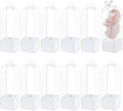 BENECREAT 12Pcs Single Rose Flower Box Empty Bag, Clear Flower Packing Boxes Flower Gift Boxes for Graduation Wedding Birthday Floral Gift Floral Arrangement Supply, White