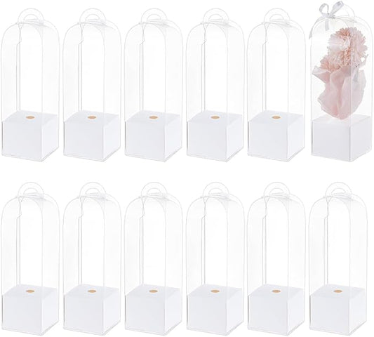 BENECREAT 12Pcs Single Rose Flower Box Empty Bag, Clear Flower Packing Boxes Flower Gift Boxes for Graduation Wedding Birthday Floral Gift Floral Arrangement Supply, White