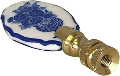 Royal Designs, Inc. Blue & White Porcelain Oval Flowers Vase Design Finial for Lamp Shade, Polished Brass