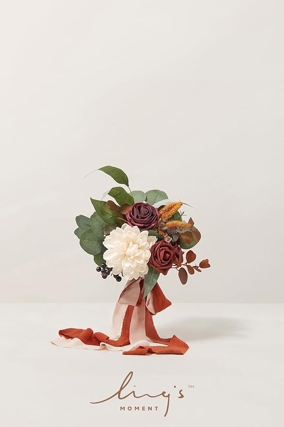 Ling's Moment Artificial Flowers Terracotta Bridesmaid Bouquet Set of 6, Fall Wedding Flowers Bouquets for Bridesmaids, 7 Inch Bridal Bouquets for Bridesmaids, Wedding Decor, Anniversary, etc