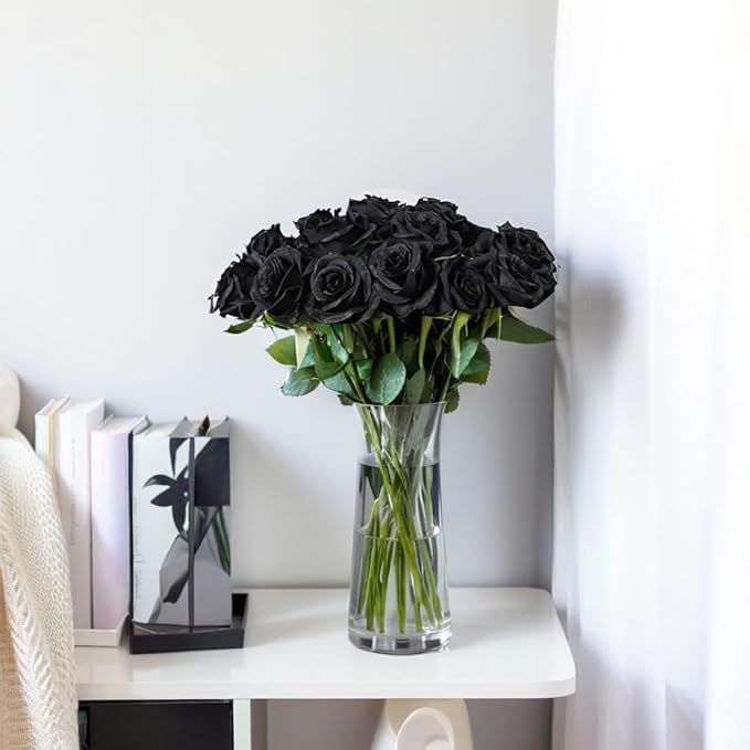 Jasion 12PCS Artificial Roses Realistic Velvet Silk Flowers Long Stem Faux Flowers Bouquet for Wedding Home Party Table Centerpieces Decorations (Black)