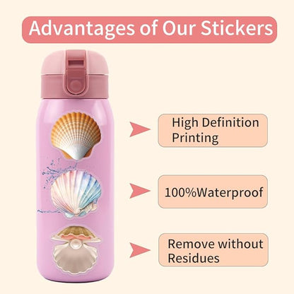 60 Pcs Holographic Seashell Stickers, Iridescent Conch Shell & Starfish Vinyl Decals, Waterproof Glittering Aesthetic Stickers for Scrapbooking, Journaling, Water Bottle, Laptop, Phone Case Decor