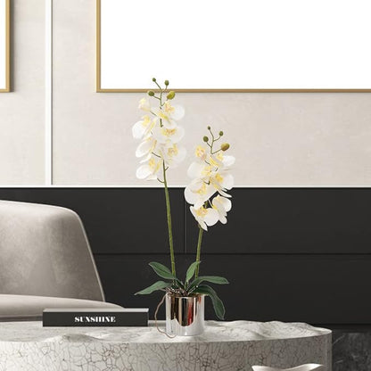 Artificial Orchid Flowers White Faux Orchids with Ceramic Vase Vivid Fake Phalaenopsis Flower Arrangement Gorgeous Artificial Plants for Office Desk Wedding Party Exhibition Center & Home Table Decor