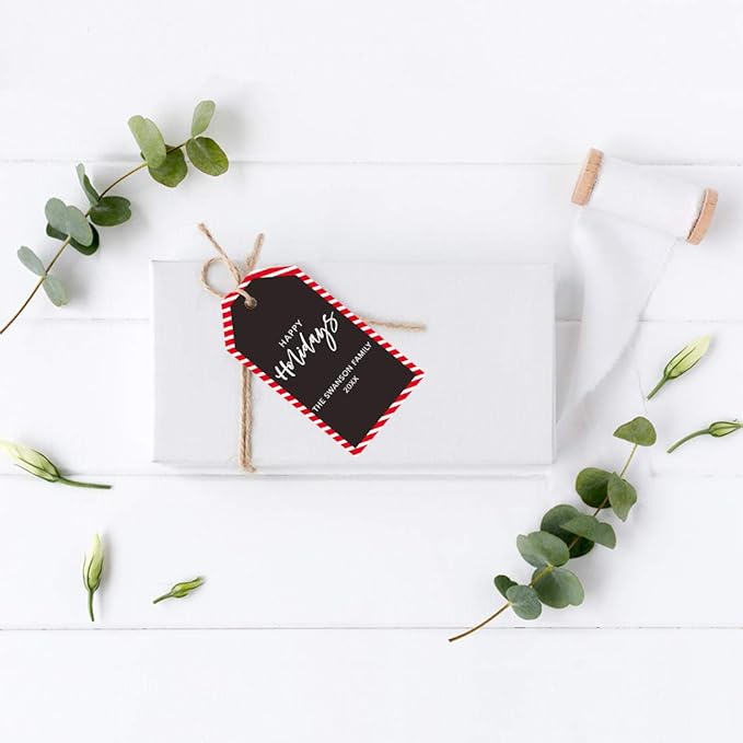 Andaz Press Personalized Christmas Holiday Season Classic Gift Tags, Happy Holidays Custom Family Name and Year, Candy Cane Striped Design, for Holiday Events, Parties, and Favors, 60-Pack