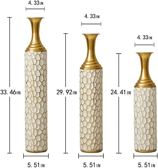 Floor Oversized Gold Metal Decorative Vase with 3D Triangle Pattern Set of 3 Large Vases for Home Living Room 33.5 ", 29.5 ", 25.2" High (Antique Gold+White)