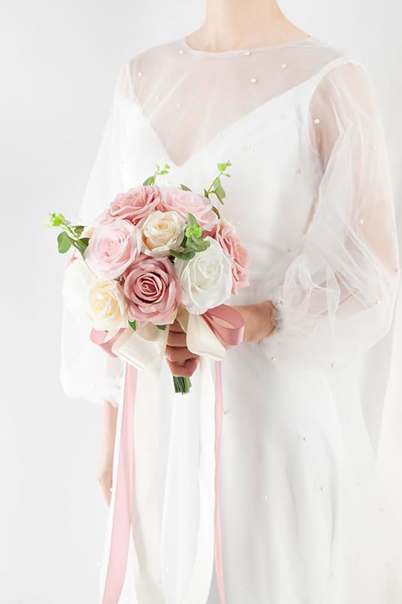 Pink & Champage Wedding Bouquets for Bride Bridesmaids, Bridal Bouquet for Wedding Silk Artificial Flowers