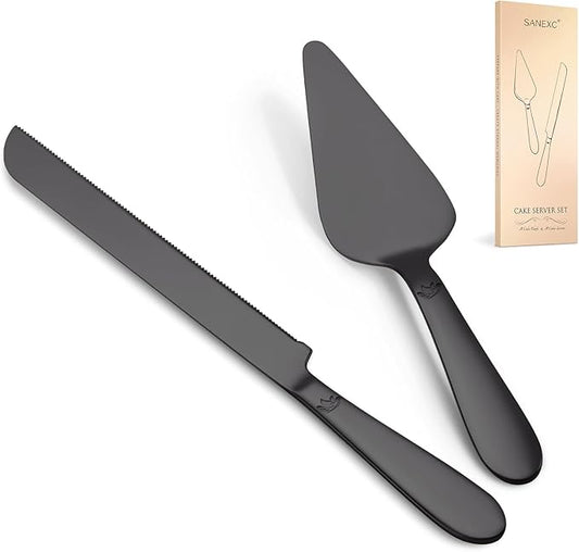 Cake Cutting Set for Wedding - Extended Cake Knife and Server Set Thickened Stainless Steel 13.0" Cake Cutter 10.49" Pie Spatula Great for Birthday Anniversary Christmas Gift 2 Pcs Matte Black