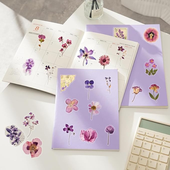 Transparent Aesthetic Purple Flowers Stickers 50 PCS, Waterproof Vinyl Decals for Tumblr, Water Bottles, Laptops, Journals, Scrapbooking, Cute Decorative Stickers for Teens, Girls & Adults