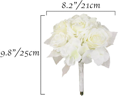 Rinlong 8.2 Inch Wedding Bouquets for Bridesmaids Bride White Rose Artificial Flowers Bridesmaids Bridal Bouquet for Wedding Prom