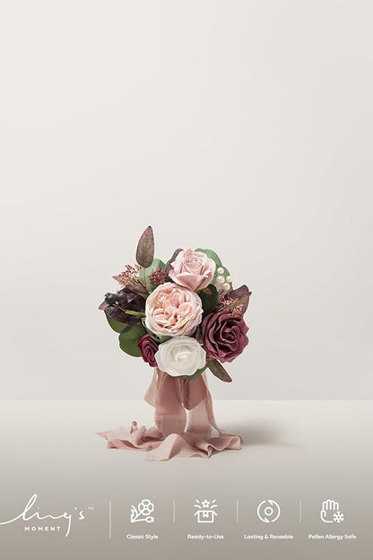Ling's moment Artificial Flowers Pink Bridesmaid Bouquet Set of 6, Dusty Rose & Mauve Wedding Flowers Bouquets for Bridesmaids, 7 Inch Bridal Bouquets for Bridesmaids, Wedding, Ceremony, Anniversary,