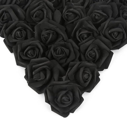 IPOPU Artificial Rose Flower Heads, 100 Pcs Real Looking Black Foam Fake Roses for DIY Wedding Baby Shower Centerpieces Arrangements Party Tables Home Decorations (Black, Stemless)