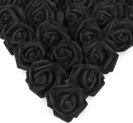 IPOPU Artificial Rose Flower Heads, 100 Pcs Real Looking Black Foam Fake Roses for DIY Wedding Baby Shower Centerpieces Arrangements Party Tables Home Decorations (Black, Stemless)