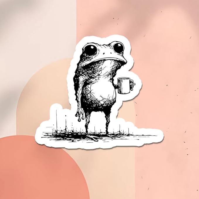 HANDICHI Design 5-Pack 3 Inch Funny Coffee Frog Stickers – Grunge Meme Vinyl Decals – Tired Frog Holding Coffee Cup Aesthetic Sticker Pack for Laptops, Water Bottles, Journals, and Scrapbooks