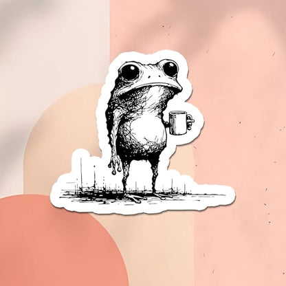 HANDICHI Design 5-Pack 4 Inch Funny Coffee Frog Stickers – Grunge Meme Vinyl Decals – Tired Frog Holding Coffee Cup Aesthetic Sticker Pack for Laptops, Water Bottles, Journals, and Scrapbooks