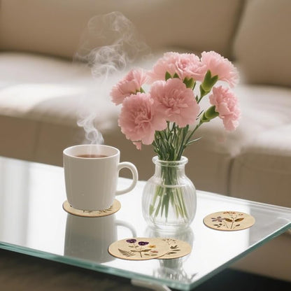 ANATTASOUL Coasters Set of 9 Vintage Flowers and Plants Pattern Colorful Wooden Coasters Bulk Round Housewarming Gift for New Home, 3.9" Decorative Coffee Table Protection for Farmhouse Bar Decor