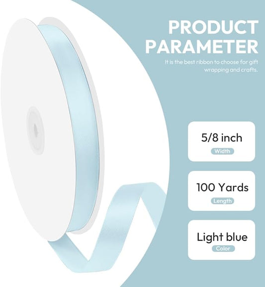 5/8" x 100 Yards Satin Ribbon - Light Blue Silk Ribbon with Spool - Ideal for Gift Wrapping, Floral Bouquets, Crafts, Wedding Party Decorations, Christmas and Sewing Projects