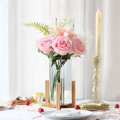 Glass Cylinder Vase with Wood Base,Bud Vase for Centerpieces,8 Inches Clear Ribbed Flower Vase,Tall Glass vase Hurricane Candle Holder,Wooden Vase Decorative for Home Decor,Wedding,Housewarming Gift