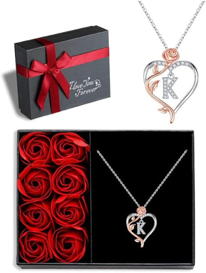 Iefil Christmas Gifts for Women Wife - 925 Sterling Silver Rose Heart Initial Necklace, Anniversary Birthday Gifts for Women, Jewelry Gift for Her Wife Girlfriend Mom Daughter
