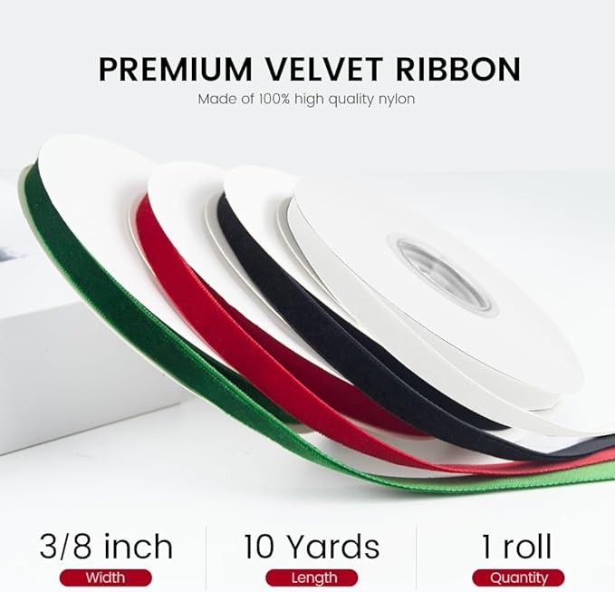 3/8" Wide x 10 Yards Velvet Ribbon, Vintage Single Face Velvet Ribbons for Gift Wrapping, Christmas Wrapping Bows, Wedding Decor, Sewing and More (Forest Green)