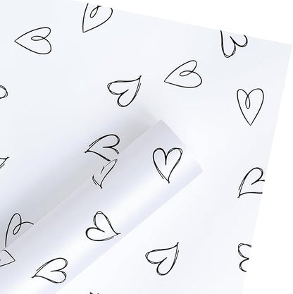 LeZakaa 20 Sheets Valentine Flower Wrapping Paper, White with Black Heart Pattern Waterproof Floral Bouquet Paper, for Valentines, Mothers Day, Party, Romantic Birthday, Wedding, Anniversary