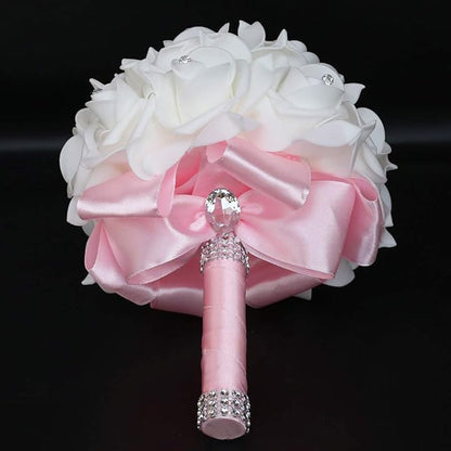 Wedding Bouquet, Pink Bouquet for Bride Bridesmaid with Diamond Soft Ribbons, Artificial Rose Bridal Holding Flowers for Party Church