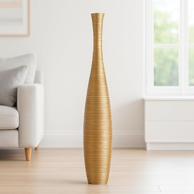Leewadee Large Gold Home Decor Floor Vase - Wooden 34 inch Tall Farmhouse Decor Flower Holder for Fake Plant and Pampas Grass