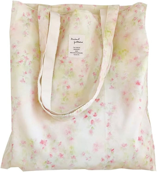 Cotton Canvas Tote Bag Reusable Soft Grocery Cloth Bag Floral Shoulder Bag for Beach Travel Shopping