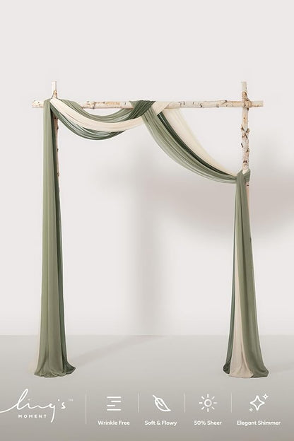 Ling's moment Wedding Arch Draping Fabric 3 Panels 20Ft Sage Green Chiffon Fabric,Sheer Hanging Drapes Arrangement for Wedding Ceremony Backdrop Outdoors Party Swag Home Decor (White & Sage)