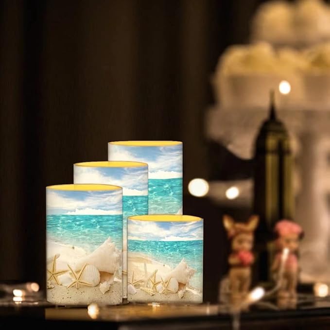 Beach Starfish Seashell Flameless Light Candles Battery Powered with Timer Remote Color Chaging Pillar Candle with Warm Yellow Color Changing Light Pack of 4