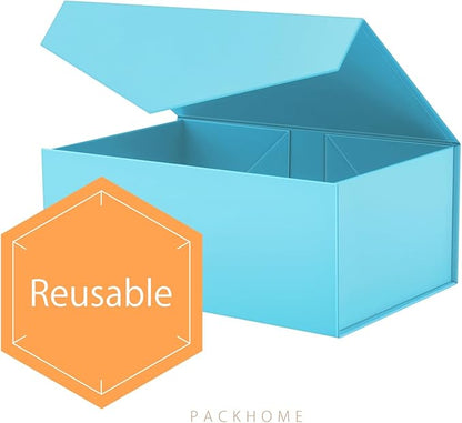 PACKHOME Gift Box 9x6.5x3.8 Inches, Rectangle Collapsible Box with Magnetic Lid for Gift Packaging (Matte Blue, Grain Texture)
