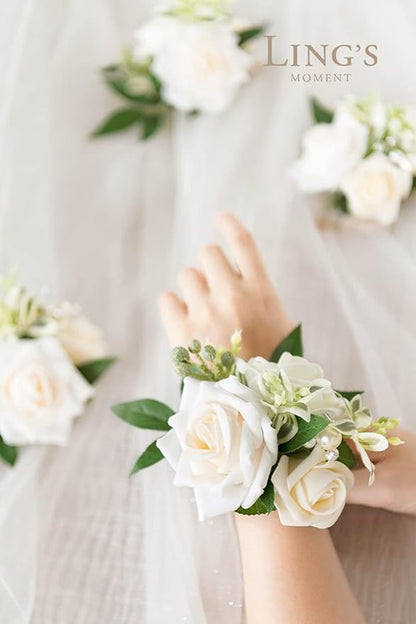 Ling's moment 6pcs Wedding Wrist Corsage Artificial Flowers, Girl/Mother Homecoming Prom Corsages Wristlet Décor, etc. White Ivory