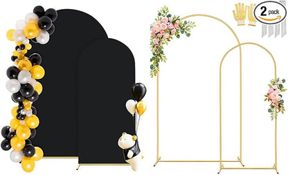 7.2FT, 6FT Arch Backdrop Stand with Cover Set of 2, Gold Metal Balloon Wedding Arch Frame with 8 Ground Stakes Stable for Outdoor Birthday Party Wedding Ceremony Bridal Baby Shower Decoration