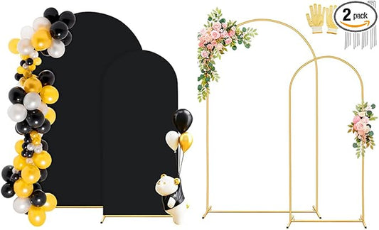 7.2FT, 6FT Arch Backdrop Stand with Cover Set of 2, Gold Metal Balloon Wedding Arch Frame with 8 Ground Stakes Stable for Outdoor Birthday Party Wedding Ceremony Bridal Baby Shower Decoration