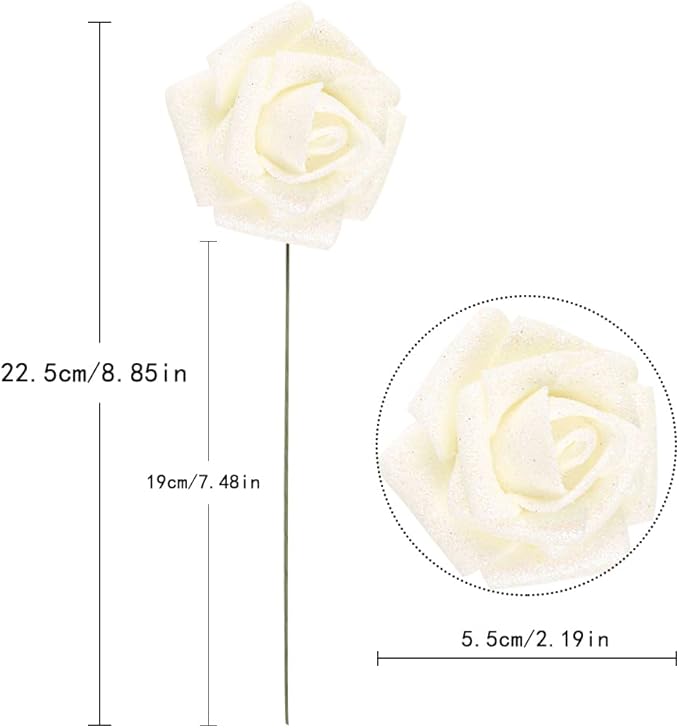 IPOPU Foam Roses, 25pcs Foam Glitter Roses Glitter Foam Rose Foam Rose with Stem for DIY Wedding Bridal Bouquet Home Party Decoration(Ivory)