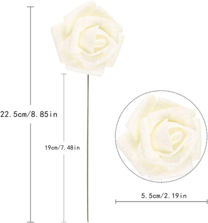 IPOPU Foam Roses, 25pcs Foam Glitter Roses Glitter Foam Rose Foam Rose with Stem for DIY Wedding Bridal Bouquet Home Party Decoration(Ivory)
