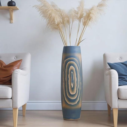 Tall Blue Floor Vase 31 inches, Handmade Large Ceramic Vases for Home Decor Living Room, Imitation Wood Grain Decorative Vases Wide Mouth Opening Corner Vase for Pampas Grass