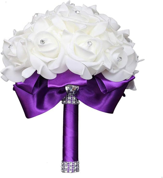 Wedding Bouquet, Purple Bouquet for Bride Bridesmaid with Diamond Soft Ribbons, Artificial Rose Bridal Holding Flowers for Party Church