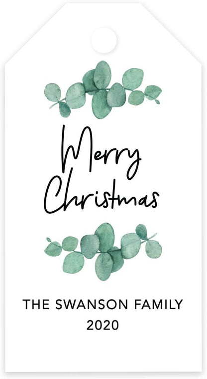 Andaz Press Personalized Christmas Holiday Season Classic Gift Tags, Merry Christmas Custom Family Name and Year, Eucalyptus Leaves Design, for Holiday Events, Parties, and Favors, 60-Pack