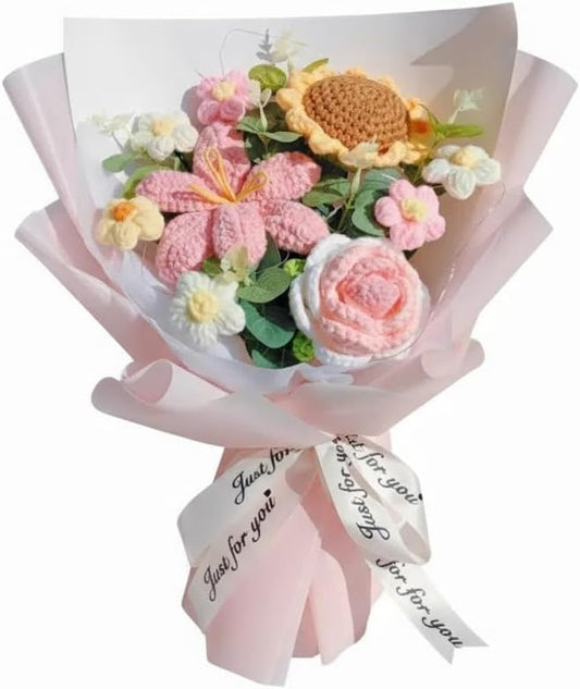 Crochet Flower Bouquet Handmade Knitted Sunflower Tulip Rose Daisy