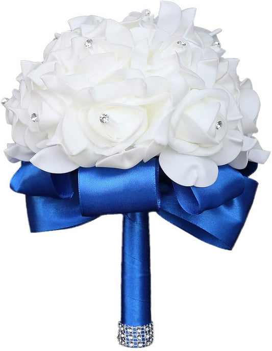 Wedding Bouquet, Royal Blue Bouquet for Bride Bridesmaid with Diamond Soft Ribbons, Artificial Rose Bridal Holding Flowers for Party Church