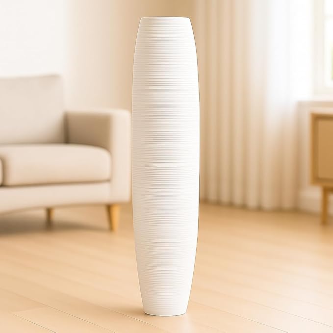 Leewadee Large 26″ Tall Floor Vase, White - Handcrafted Mango Wood for Pampas & Dried Stems