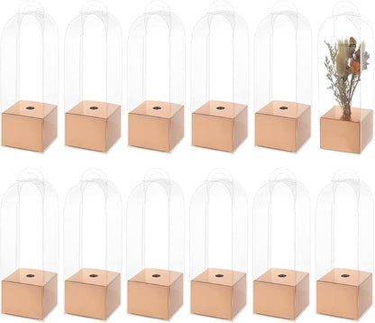 BENECREAT Single Rose Flower Box, 3.1 x 3.1 x 9.6Inch Clear Flower Packing Boxes, Gift Boxes for Graduation Wedding Birthday Floral Gift Floral Arrangement Supply, Rose Gold